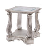 Antique Wooden End Table with Polyresin Engravings and Glass Top Silver and Clear By Casagear Home AMF-86932