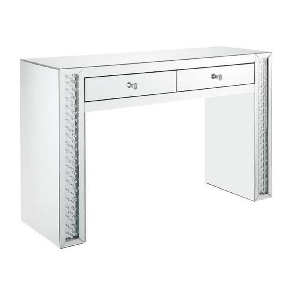 Mirror Accented Two Drawers Wooden Vanity Desk With Faux Crystal Inlay Silver By Casagear Home AMF-90157