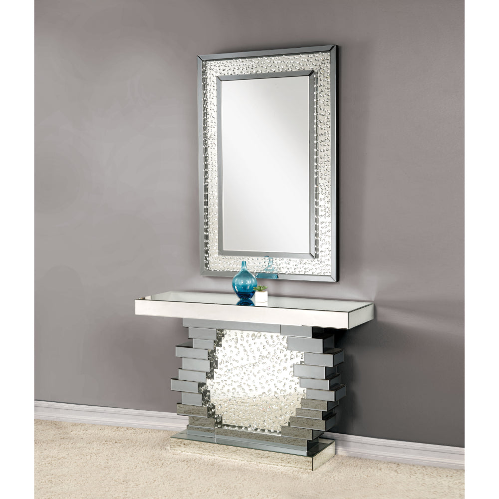 Wood and Mirror Console Table with Studded Faux Crystals, Black and Clear By Casagear Home