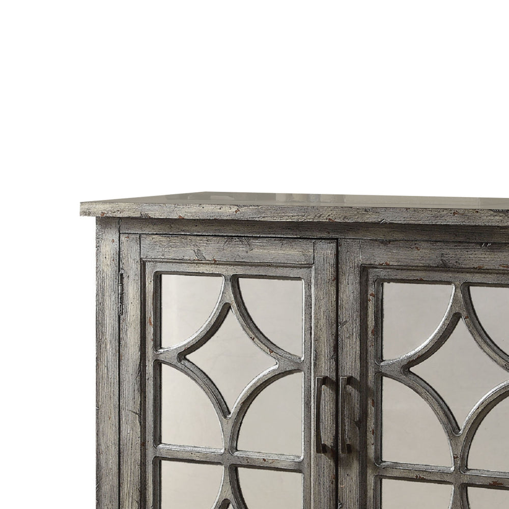 Wooden Console Table with 2 Doors and Mirror Fronts Weathered Gray AMF-90284