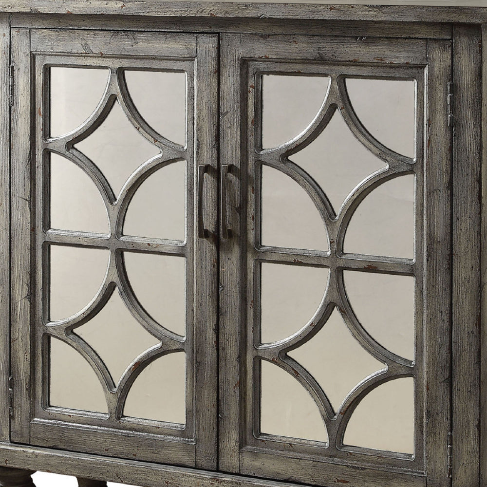 Wooden Console Table with 2 Doors and Mirror Fronts Weathered Gray AMF-90284