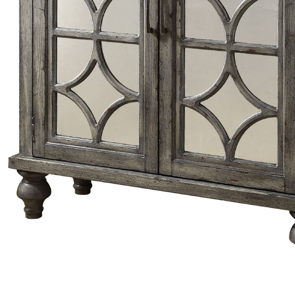 Wooden Console Table with 2 Doors and Mirror Fronts Weathered Gray AMF-90284