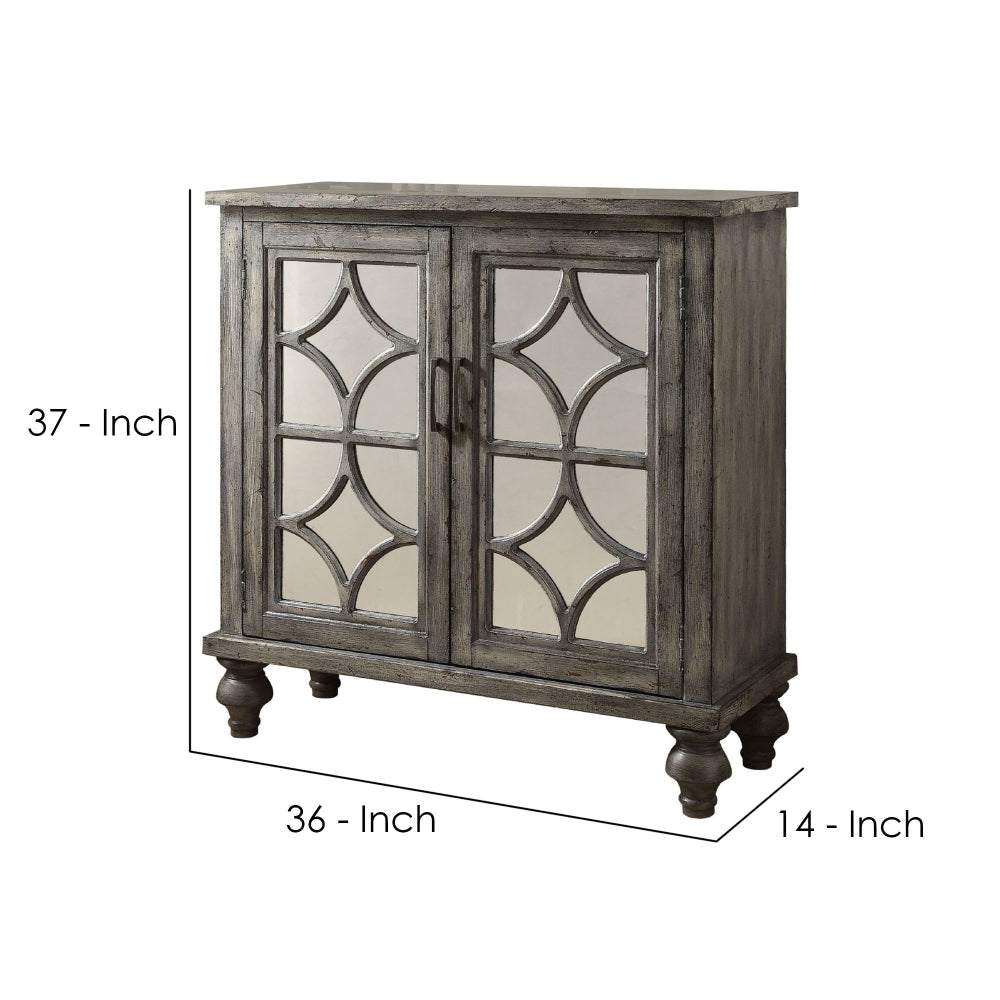 Wooden Console Table with 2 Doors and Mirror Fronts Weathered Gray AMF-90284