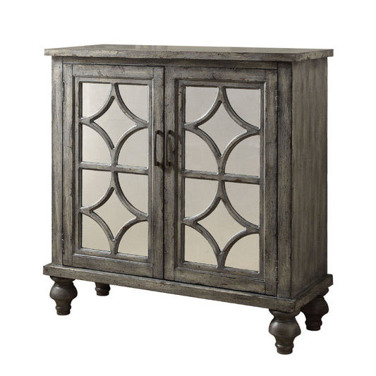 Wooden Console Table with 2 Doors and Mirror Fronts, Weathered Gray