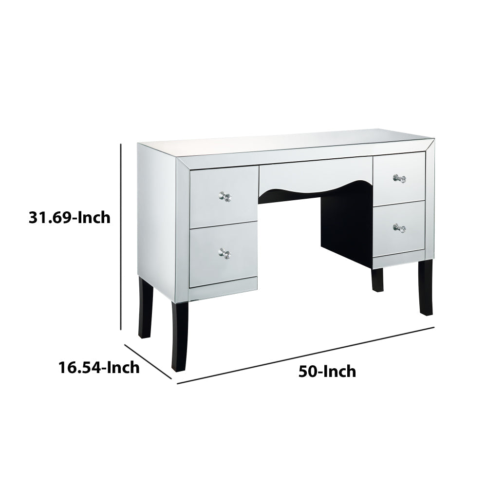 Wooden Framed Mirrored Vanity Desk with Four Drawers and Wavy Apron Silver By Casagear Home AMF-90328