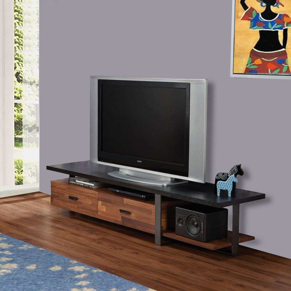 67"2-Drawer Metal and Wood TV Stand, Black and Brown