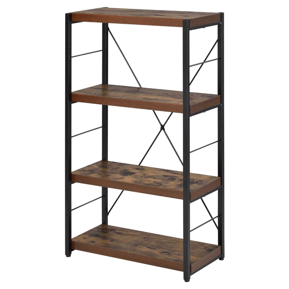 Four Tiered Metal Framed Wooden Bookshelf, Weathered Oak Brown and Black - 92399