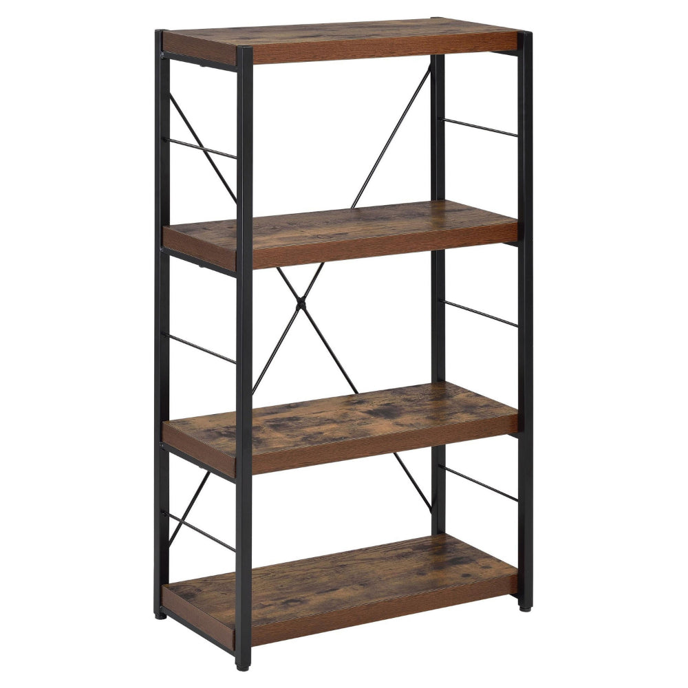 Four Tiered Metal Framed Wooden Bookshelf Weathered Oak Brown and Black - 92399 AMF-92399