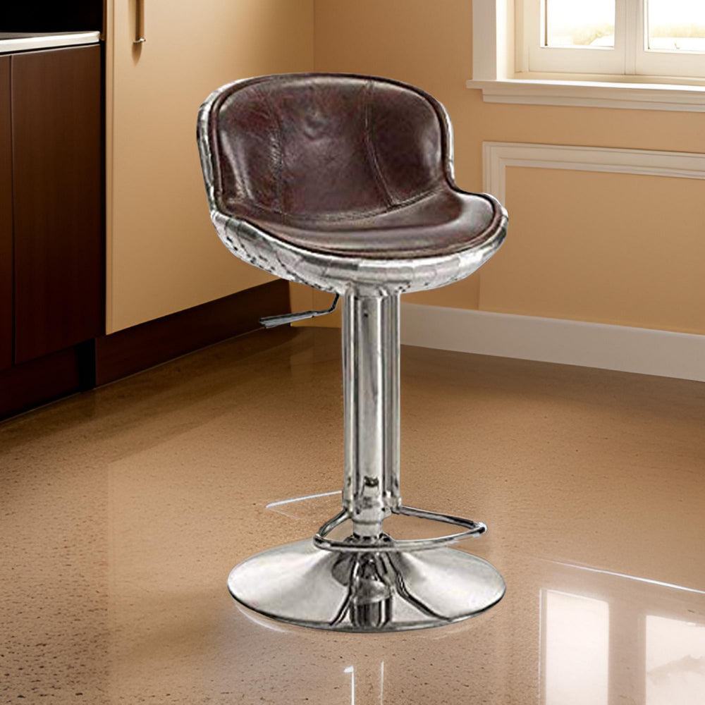 Leatherette Adjustable Metal Frame Stool with Swivel, Brown and Silver By Casagear Home