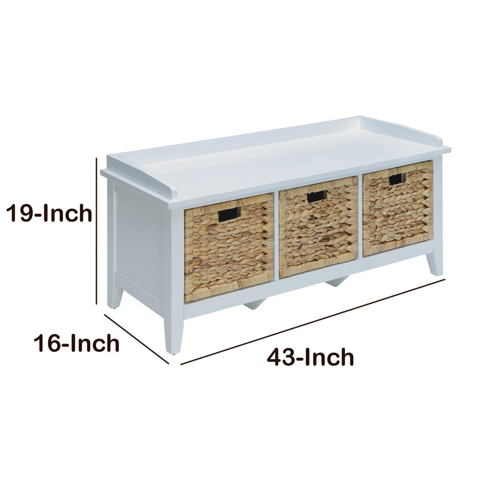 Rectangular Wooden Bench with Three Storage Baskets White and Beige AMF-96759