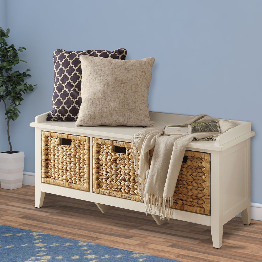 Rectangular Wooden Bench with Three Storage Baskets, White and Beige