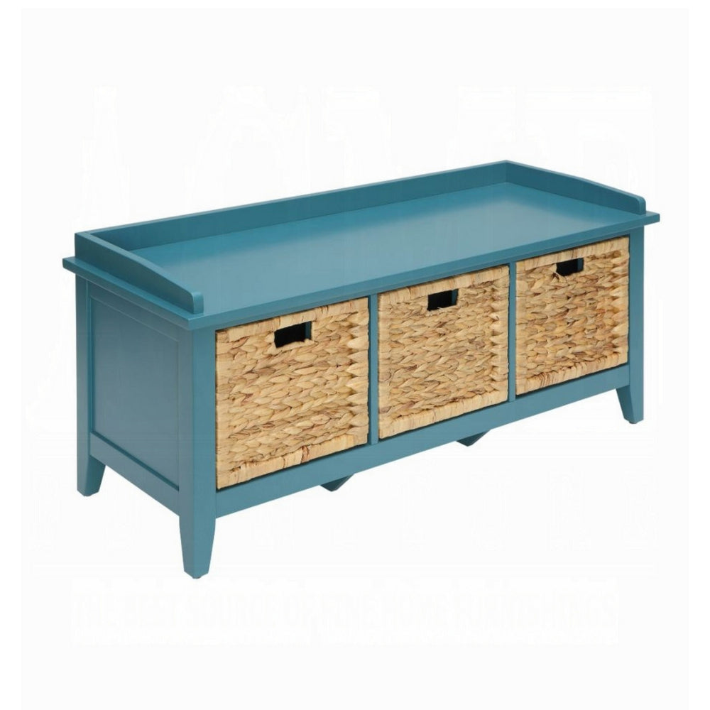 Rectangular Wooden Storage Bench with Rattan Like Weaved 3 Drawers Blue AMF-96761