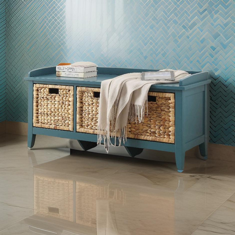 Rectangular Wooden Storage Bench with Rattan Like Weaved 3 Drawers, Blue