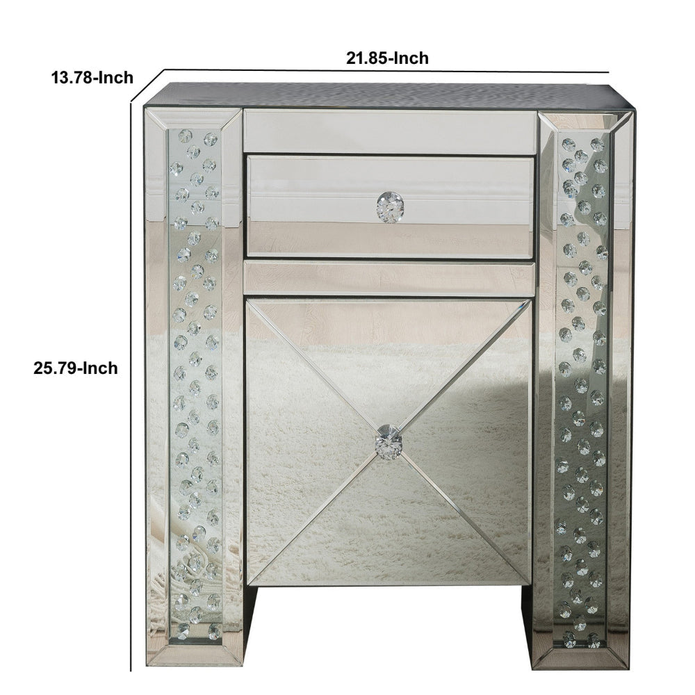 Wood & Mirror Nightstand with Crystal Inserts Silver AMF-97026