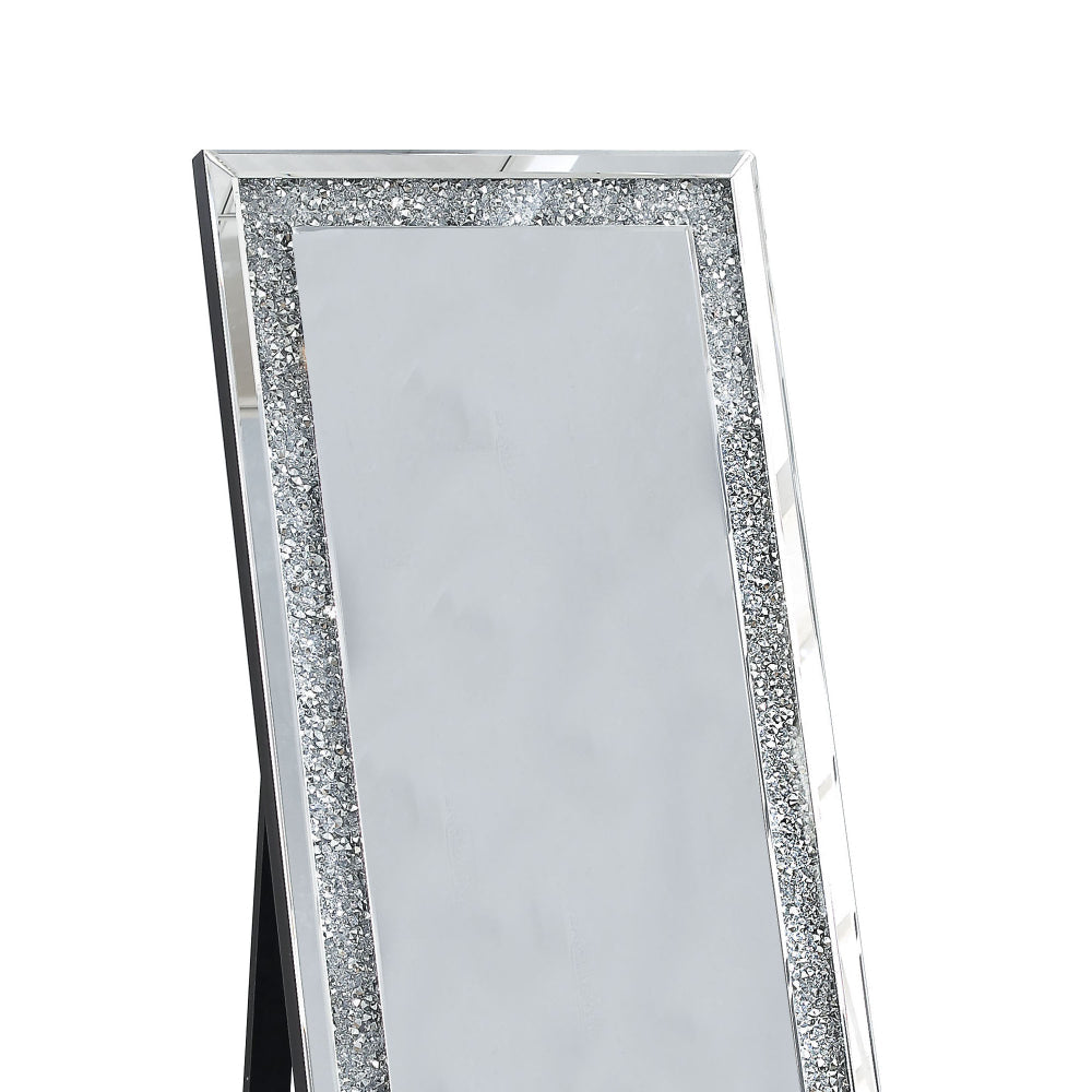 Faux Crystal Accented Wooden Floor Mirror Clear and Silver By Casagear Home AMF-97156