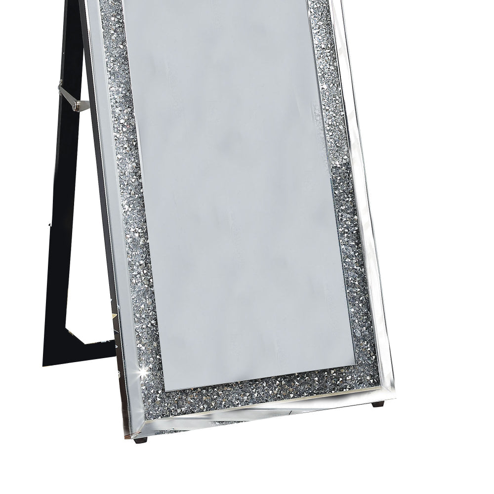 Faux Crystal Accented Wooden Floor Mirror Clear and Silver By Casagear Home AMF-97156