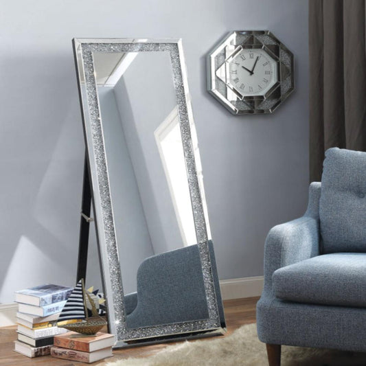 Faux Crystal Accented Wooden Floor Mirror, Clear and Silver By Casagear Home