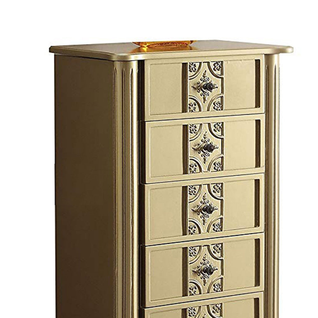 5 Drawer Wooden Jewelry Armoire with Knobs and Fluted Turned Legs Gold AMF-97169