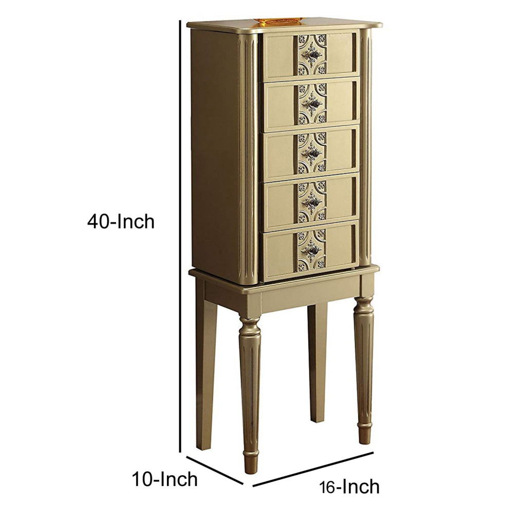 5 Drawer Wooden Jewelry Armoire with Knobs and Fluted Turned Legs Gold AMF-97169