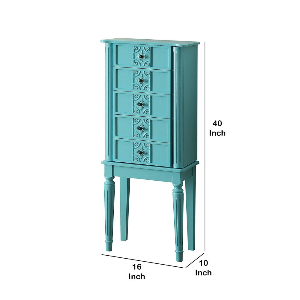 5 Drawer Jewelry Armoire with Flip Top Mirror and Fluted Legs Blue AMF-97170