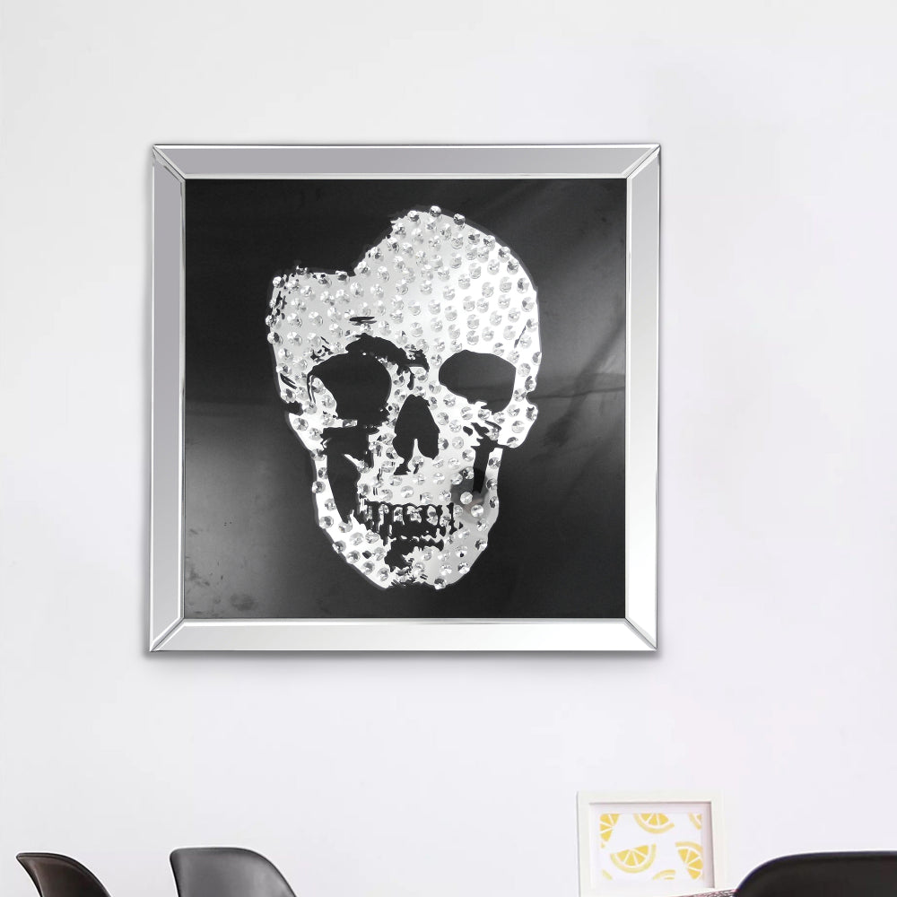 Square Shape Mirror framed Skull Wall Decor With Crystal Inlays Black & Silver - AMF-97315 AMF-97315