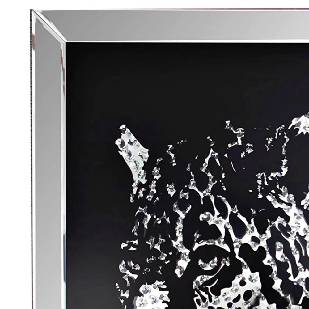 Square Shape Mirror framed Leopard Wall D‹¨«cor With Crystal Inlays Black & Silver By Casagear Home AMF-97316