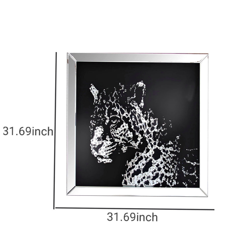 Square Shape Mirror framed Leopard Wall D‹¨«cor With Crystal Inlays Black & Silver By Casagear Home AMF-97316