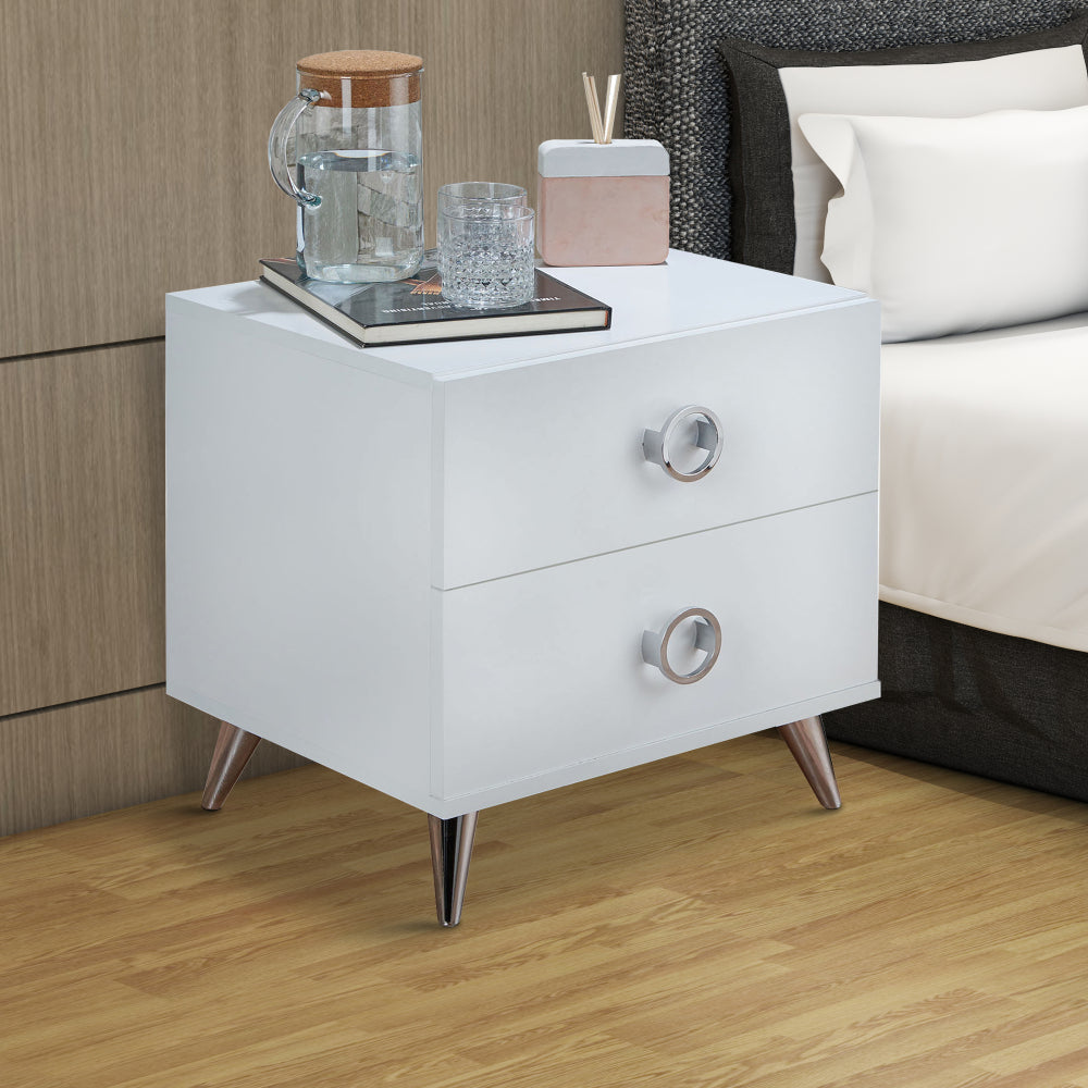 Modern Style Wood & Metal Nightstand By Elms White & Chrome AMF-97334