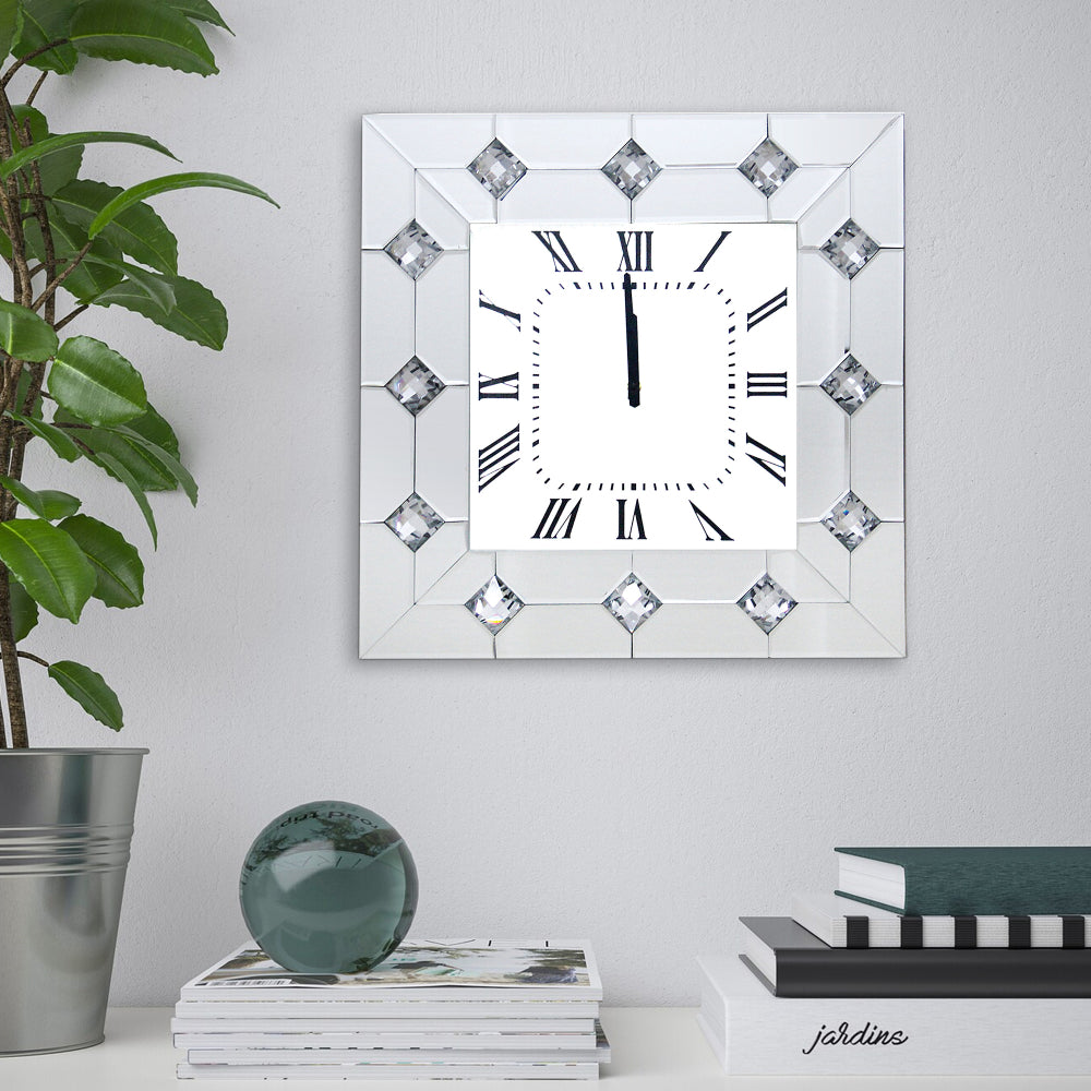 Mirrored Wall Clock with Faux Rhinestones Inlay White - AMF-97406 AMF-97406