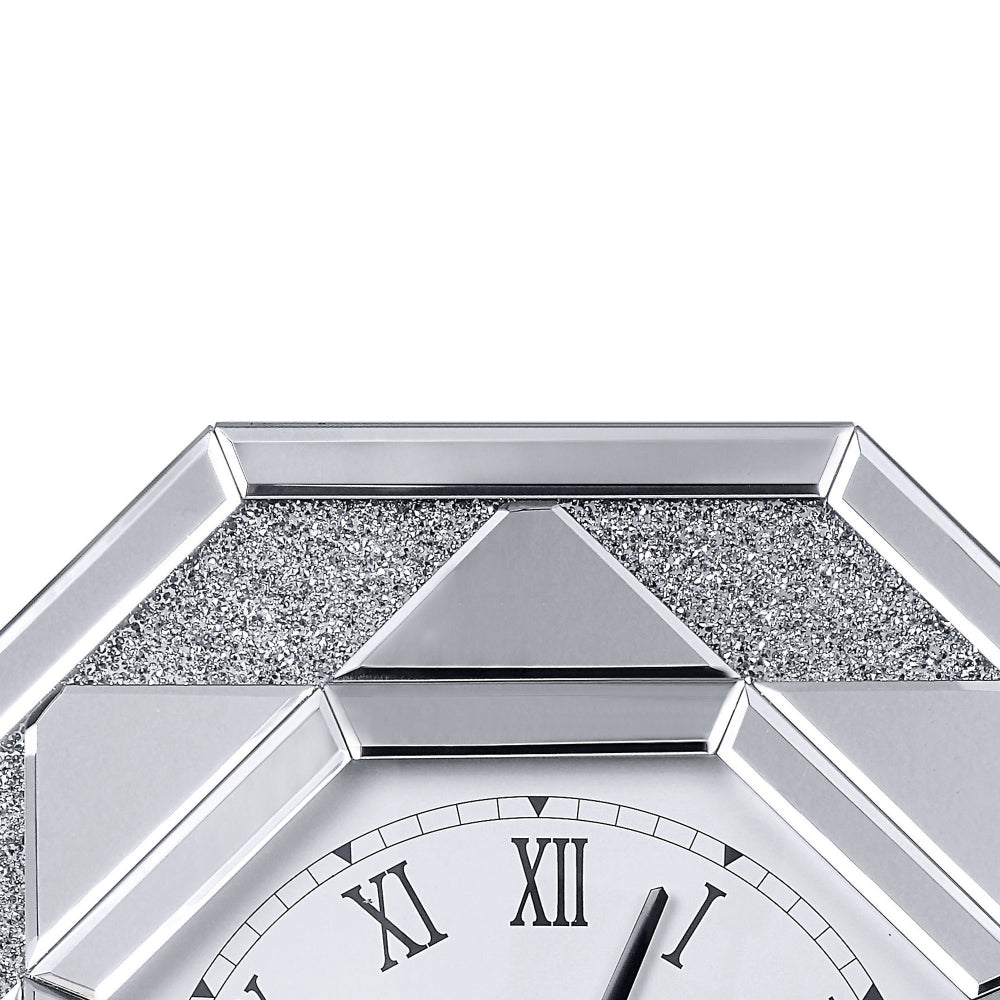 Octagonal Shaped Mirrored Frame Wall Clock with Faux Crystal Inlay Silver - 97613 AMF-97613