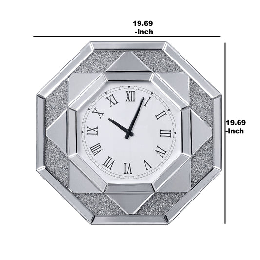 Octagonal Shaped Mirrored Frame Wall Clock with Faux Crystal Inlay, Silver - 97613