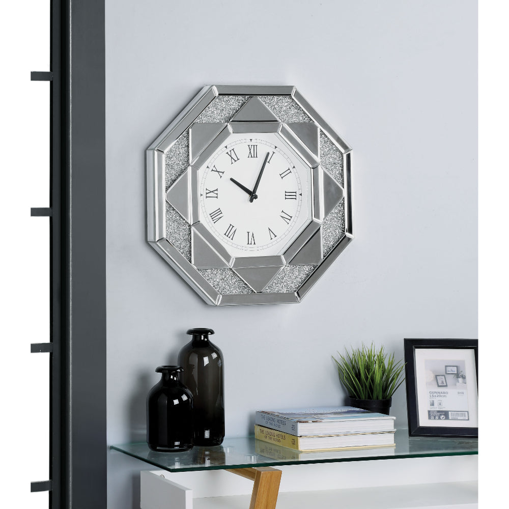 Octagonal Shaped Mirrored Frame Wall Clock with Faux Crystal Inlay Silver - 97613 AMF-97613