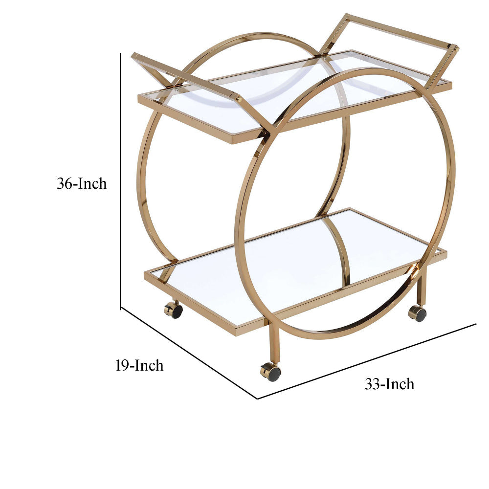 Metal Serving Cart with Mirrored Open Shelf and Tubular Angled Handles, Gold and Clear - 98295