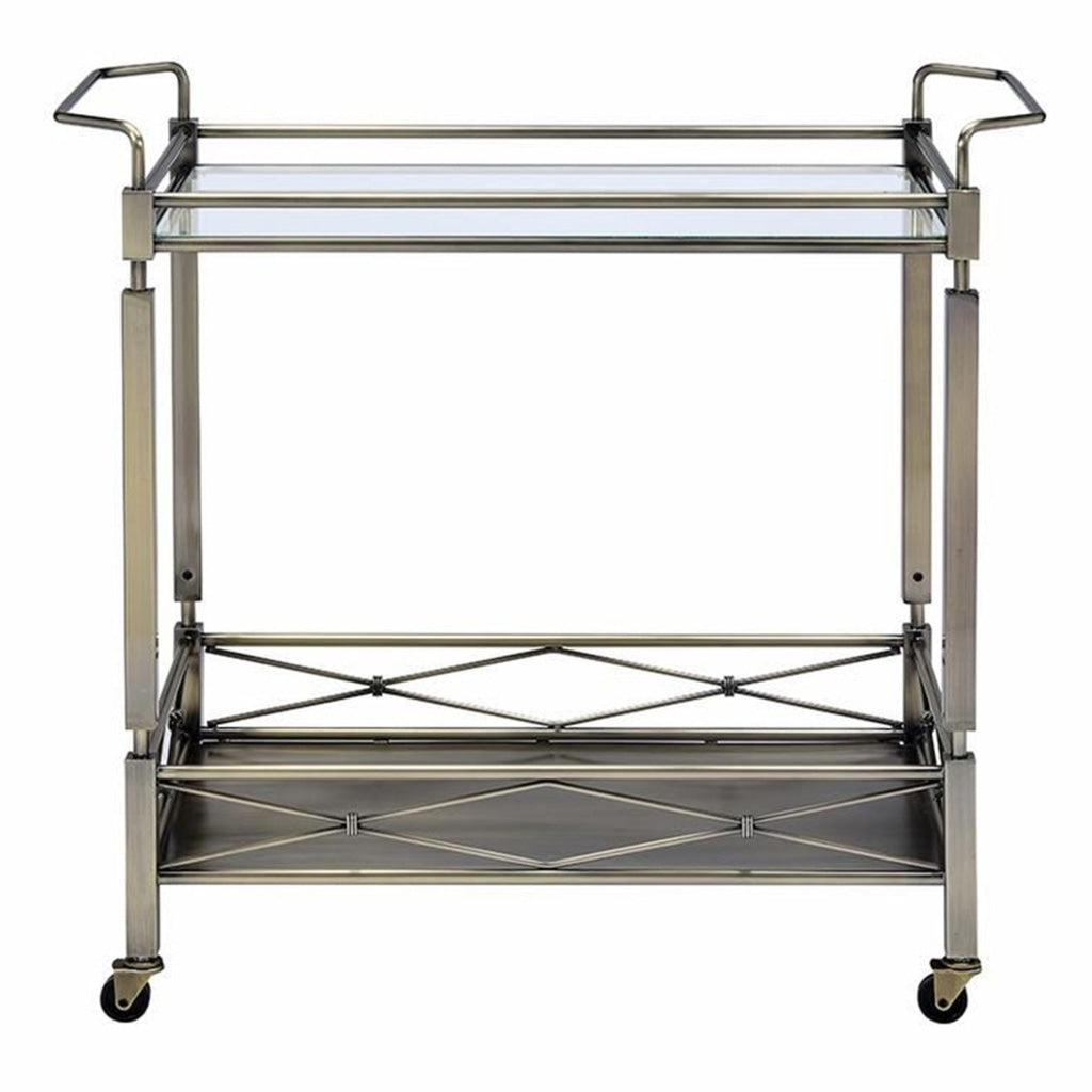 Two Tiered Metal Serving Cart with Glass Shelves and Side Rails Antique Gold - 98350 AMF-98350