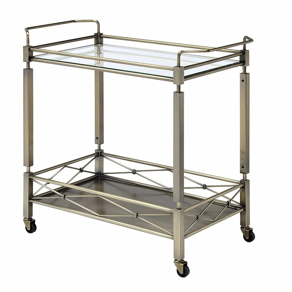 Two Tiered Metal Serving Cart with Glass Shelves and Side Rails Antique Gold - 98350 AMF-98350