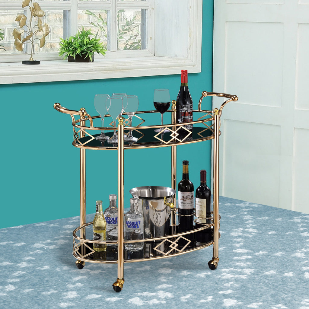 Metal Framed Serving Cart with Tempered Glass Top and Open Bottom Shelf, Gold and Black - 98351