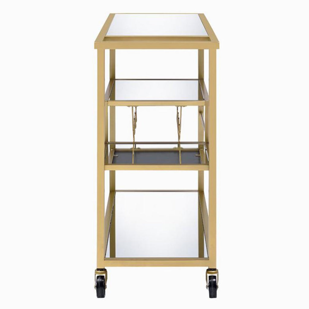 Metal Framed Serving Cart with Wine Bottle Holder and Stemware, Gold and Clear - 98354