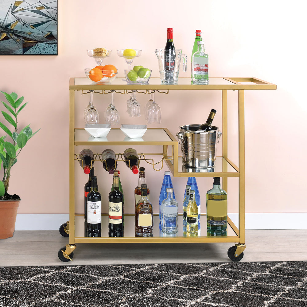 Metal Framed Serving Cart with Wine Bottle Holder and Stemware Gold and Clear - 98354 AMF-98354