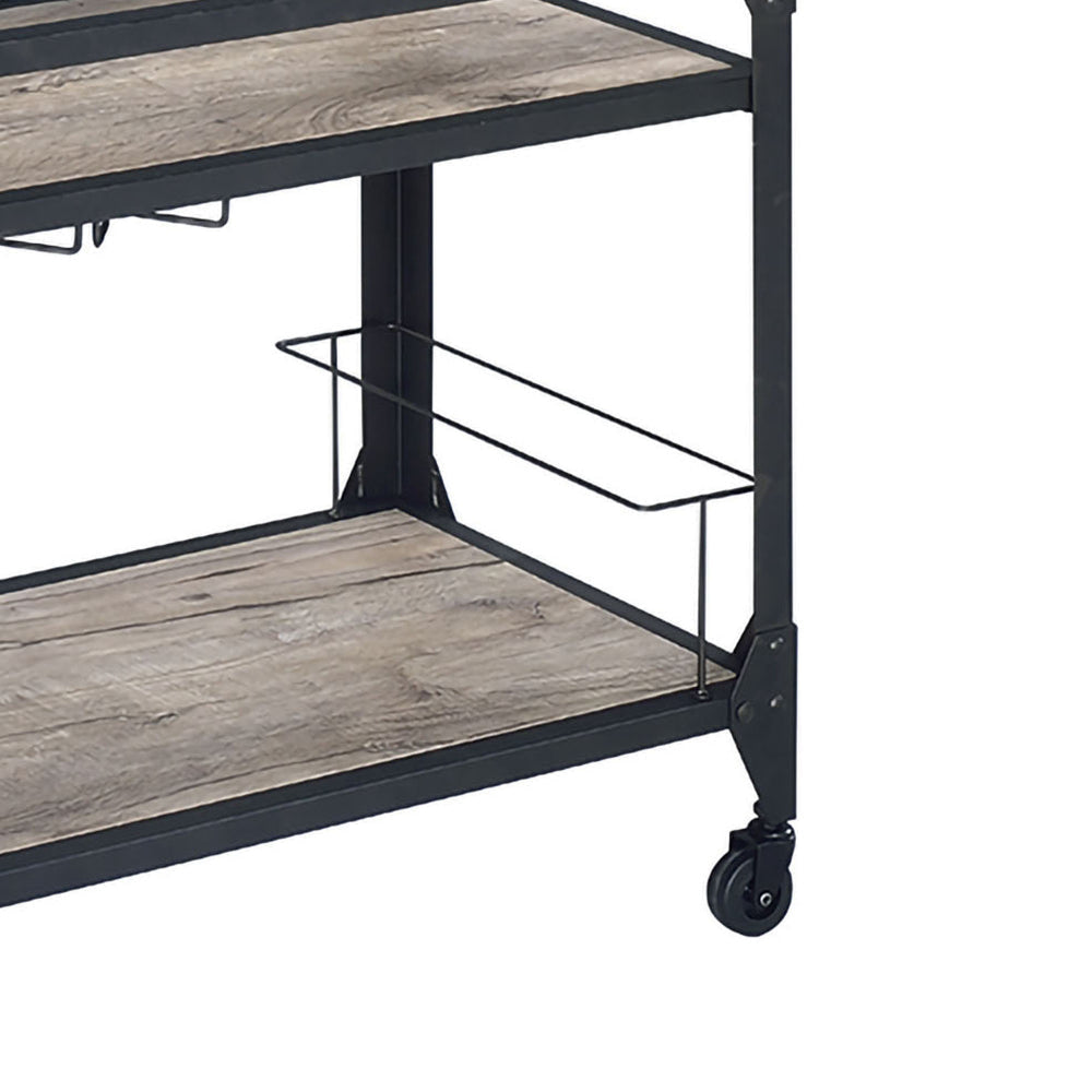 2 Tier Metal Serving Cart with Wooden Shelves and Bottle Holders Black AMF-98355