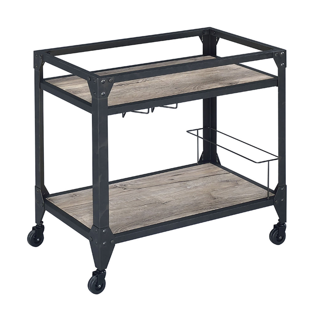 2 Tier Metal Serving Cart with Wooden Shelves and Bottle Holders, Black