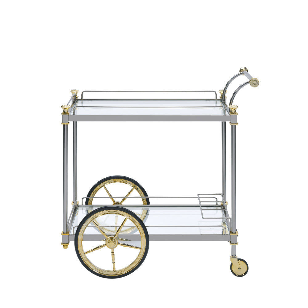 Metal Framed Serving Cart with Glass Shelves and Side Handle Silver and Gold - 98372 AMF-98372