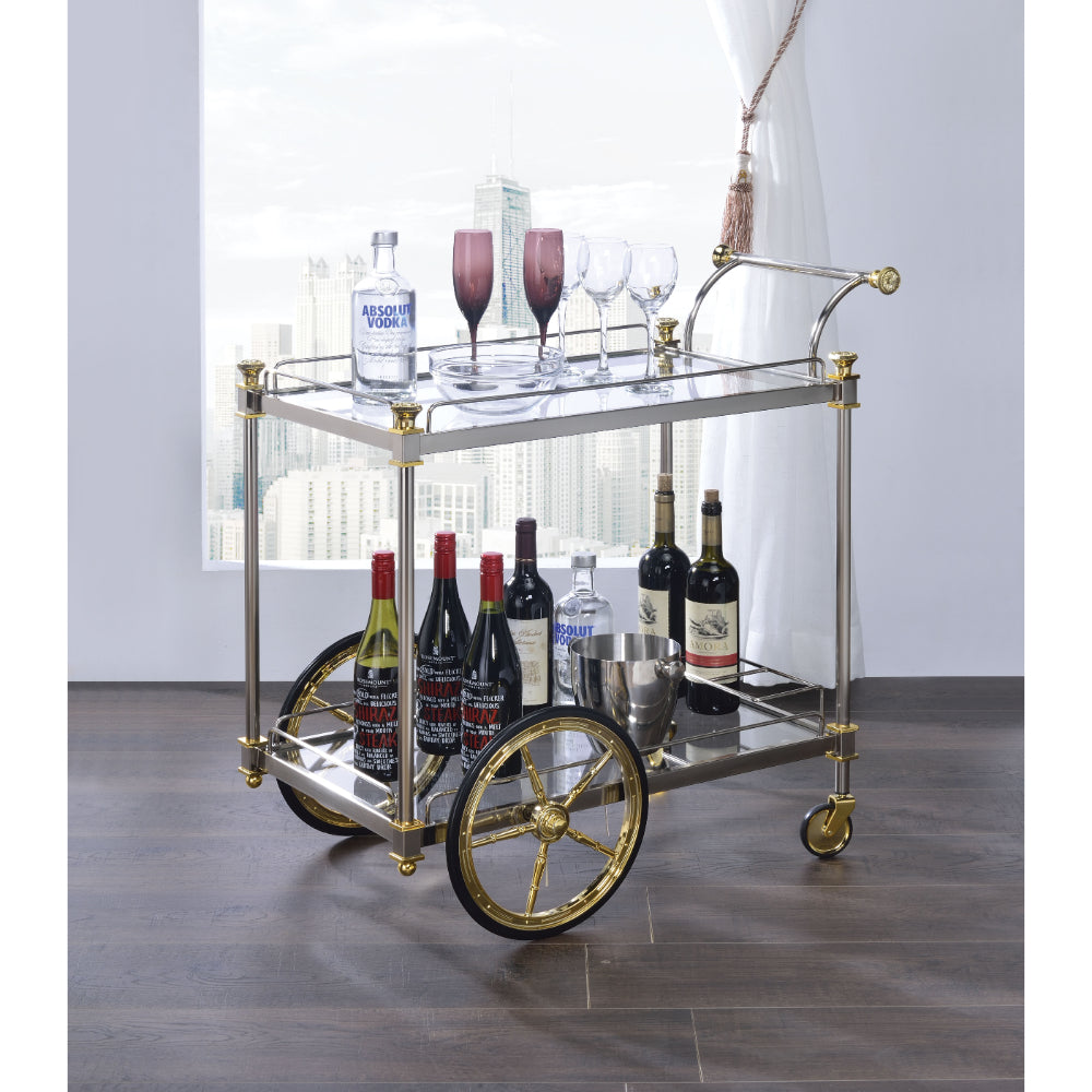 Metal Framed Serving Cart with Glass Shelves and Side Handle Silver and Gold - 98372 AMF-98372