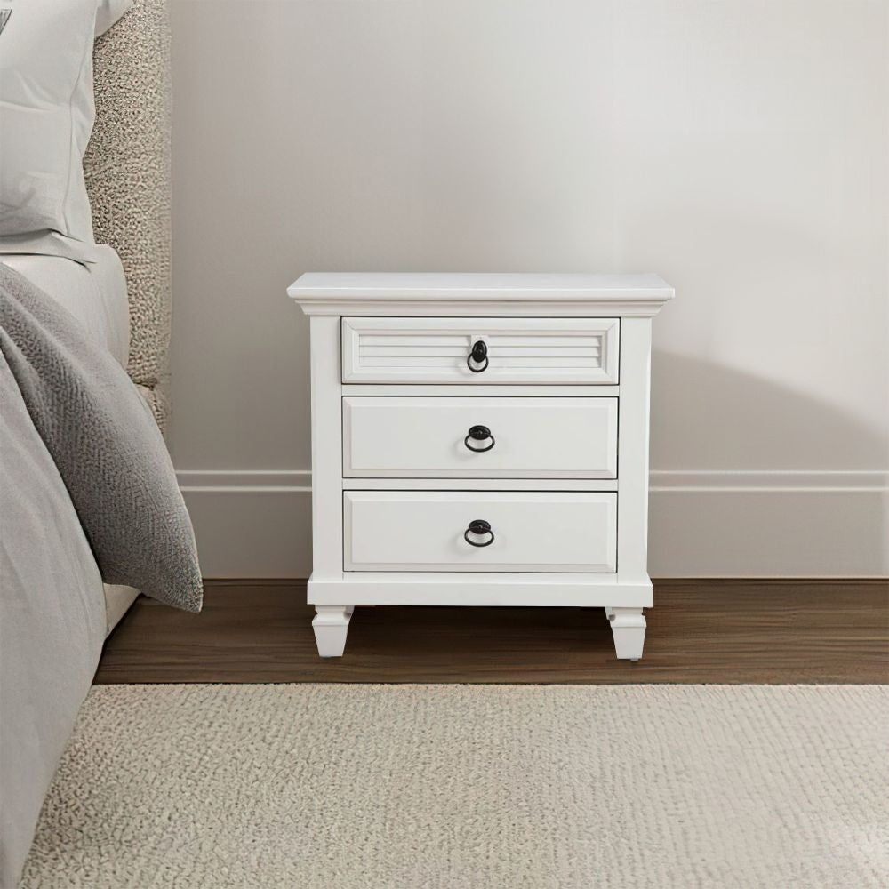 Pine Wood 3 Drawer Nightstand in White