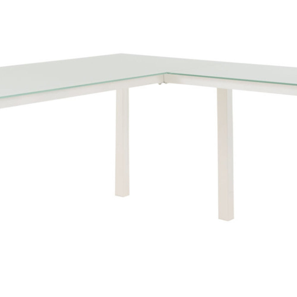 Metal L Shape Desk with Frosted Glass Top and Block Legs White - H410-24 By Casagear Home AYF-H410-24