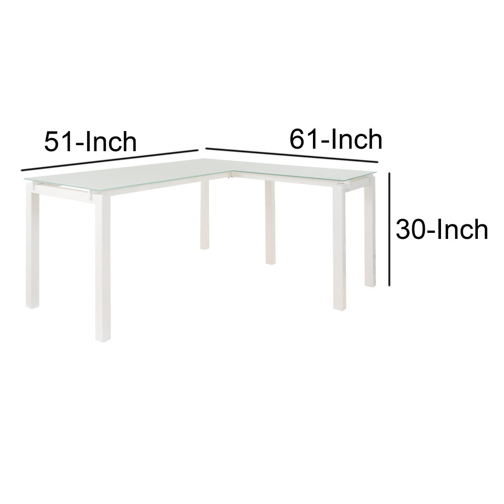 Metal L Shape Desk with Frosted Glass Top and Block Legs White - H410-24 By Casagear Home AYF-H410-24