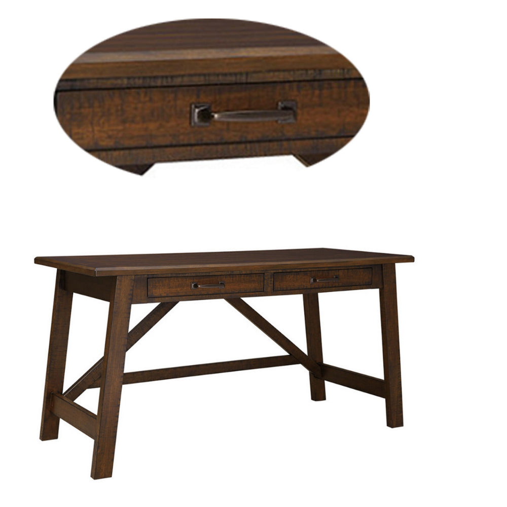 Two Drawers Wooden Desk with Cross Stretcher Brace Design Large Brown - H675-44 By Casagear Home AYF-H675-44