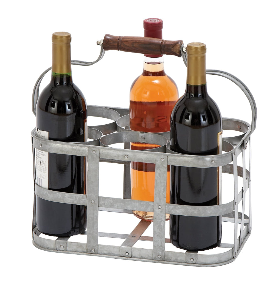 Metal Strip Wine Holder With Wooden Handle And Six Bottles Storage Gray - BM00224 BM00224