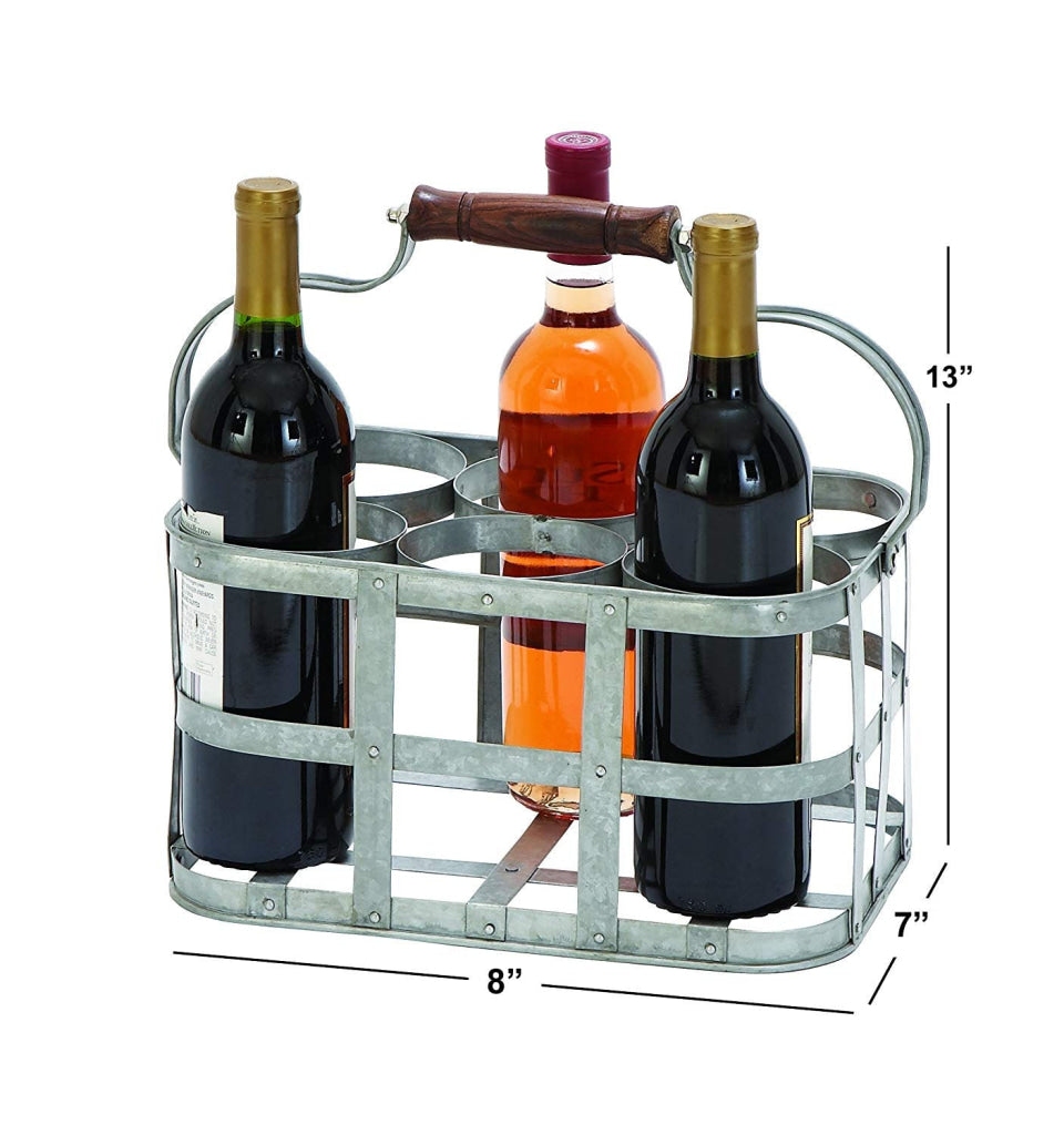 Metal Strip Wine Holder With Wooden Handle And Six Bottles Storage Gray - BM00224 BM00224