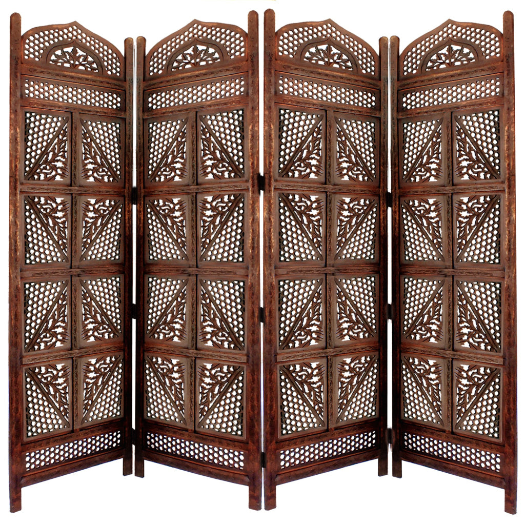 Traditional Four Panel Wooden Room Divider with Hand Carved Details Antique Brown The Urban Port 32620