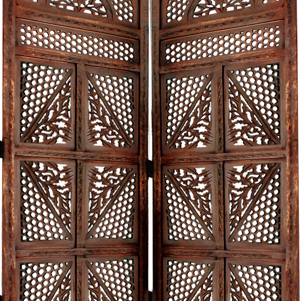 Traditional Four Panel Wooden Room Divider with Hand Carved Details Antique Brown The Urban Port 32620